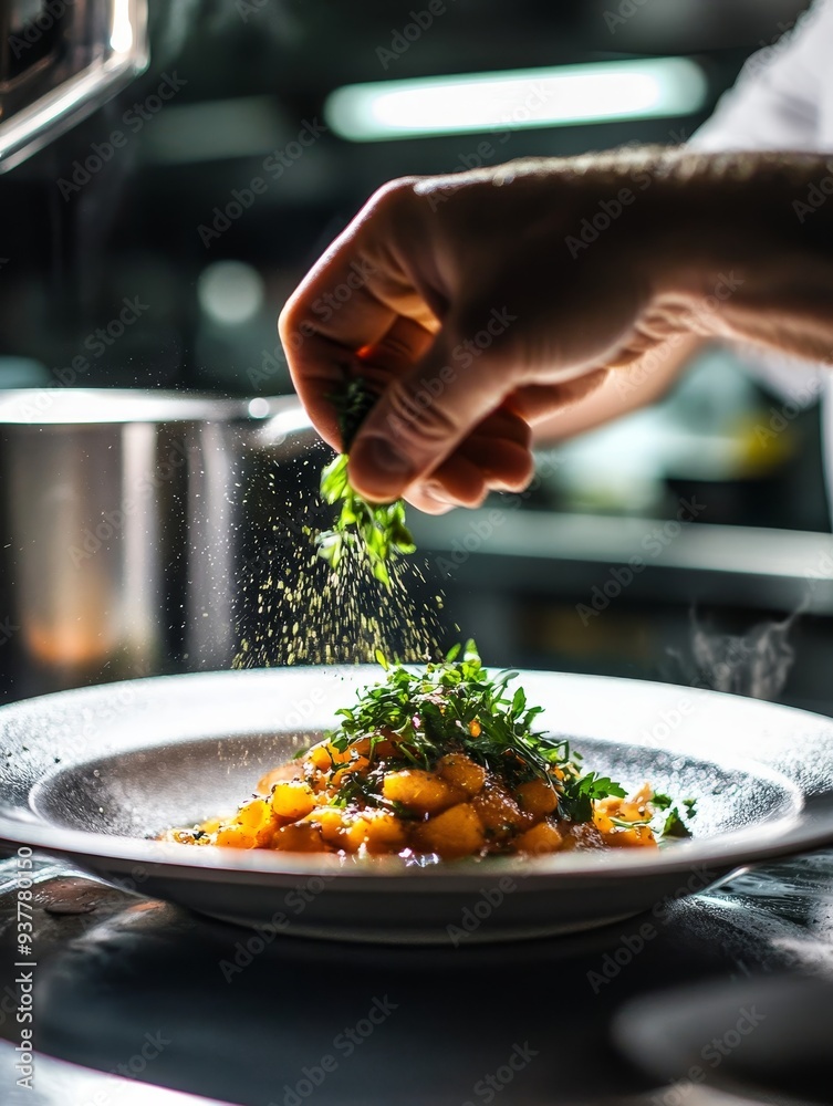 Wall mural chef finishing a delicious dish with fresh herbs - a chef's hand carefully adds fresh herbs to a pla