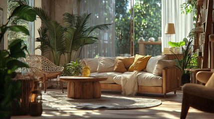 Fototapeta premium Cozy Living Room with Warm Natural Lighting and Wooden Furniture