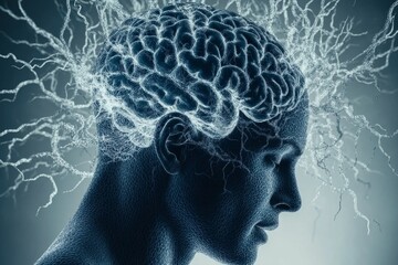 Obraz premium Profile of a man with glowing neural circuits symbolizing the complexity of thought cognitive strength and the integration of human intellect with technology