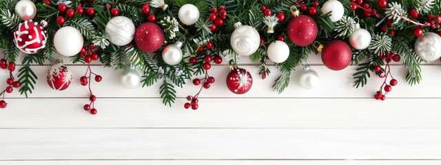 Christmas garland with red and white decorations ornaments white isolated background. Baubles On Snow With Fir Branches