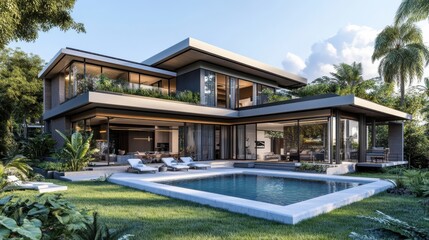 Fototapeta premium Mockup of empty white frame on colorful wall by outdoor pool with tropical plants