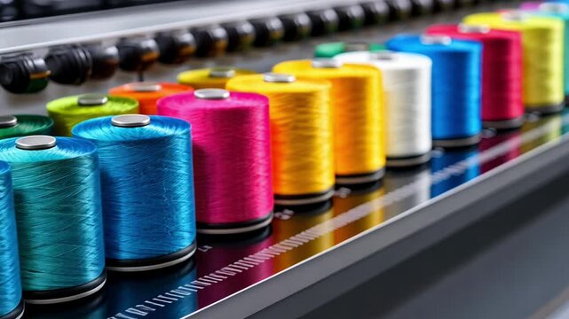 A close-up view of colorful spools of thread organized neatly on a sewing machine, showcasing their bright hues in a craft space.