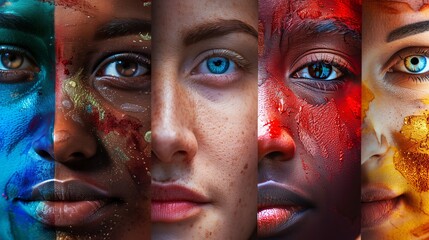 five portraits with different skin tones, each featuring colorful paint on their faces, diversity concept 