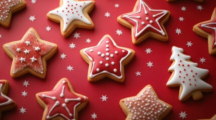 Festive Christmas Cookies in Star and Tree Shapes on Red Background