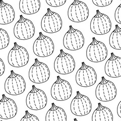 Simple cute minimal pumpkins seamless pattern. Pumpkins sketch, doodle in black and white. Halloween, fall season gourd outline repeat background for textile, paper, fashion design.