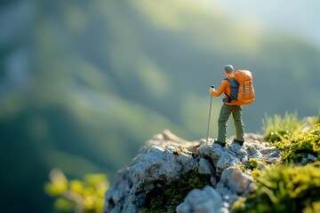 toy figurine hiker in the mountains