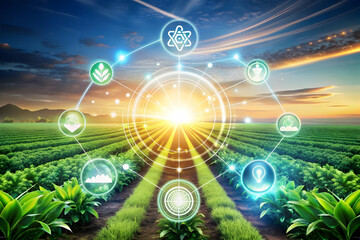 Flat AI Driven Agriculture Concept: Innovative & Sustainable Farming with Glowing Elements in Abstract Digital Art Banner - Smart Business Tone - Vector Illustration