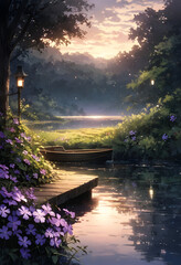 sunset on the river, boat on the river, boat, landscape