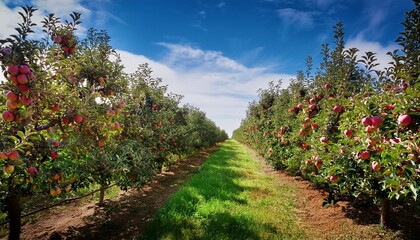 Fototapeta premium Apple orchard with ripe apples on trees.