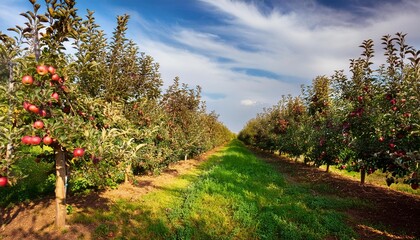 Fototapeta premium Apple orchard with ripe apples on trees.