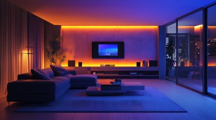 A modern living room equipped with AI-controlled smart lighting and entertainment systems, creating a personalized and immersive experience for the user