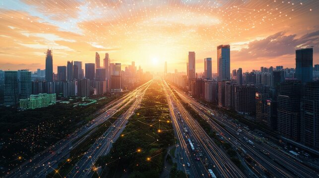 A panoramic view of a smart city at sunset, with AI-driven transportation systems, green spaces, and advanced urban infrastructure