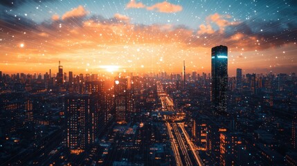 A futuristic smart city at dawn, with AI-driven systems managing energy, transportation, and public services for a sustainable urban environment that supports a high quality of life