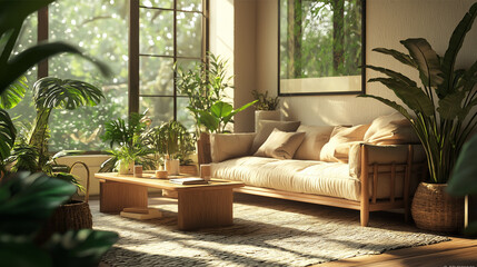 Cozy Living Room with Warm Natural Lighting and Wooden Furniture