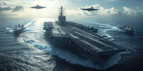 Aircraft carrier sails across the ocean with warships and fighter jets, showcasing military might and defense in action. Banner