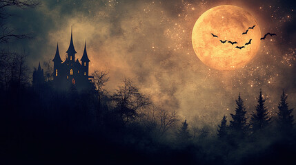 Mysterious Halloween Night with Castle and Bats