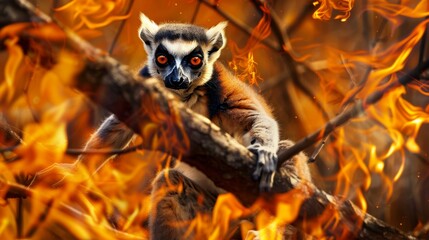 Fototapeta premium A lemur perched on a branch surrounded by intense flames, showcasing a striking contrast between wildlife and fire.