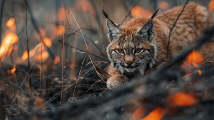 A lynx stealthily prowls through a smoky landscape, surrounded by glowing embers and charred vegetation, showcasing nature's resilience.