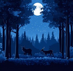 Vector illustration of a forest with a bear, deer, and wolf in the distance, at night, with a blue color palette