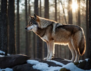 Obraz premium wolf in the woods dramatic cinematic panoramic picture with wild predator animal posing in deep forest rocky picturesque. Ai generated image 
