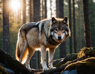 Obraz premium wolf in the woods dramatic cinematic panoramic picture with wild predator animal posing in deep forest rocky picturesque. Ai generated image 