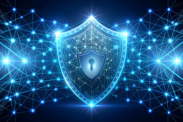 Fototapeta premium Flat AI Cybersecurity Concept: Glowing Abstract Digital Art Banner Illustrating AI's Role in Security Technology - Smart Business Vector Illustration
