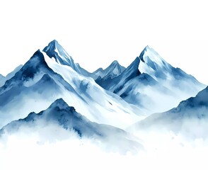 Watercolor snow-capped mountains clip art, white background