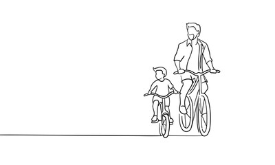 Obraz premium The family rides bicycles. Father and child go for a walk continuous line art drawing isolated on white background. Father` s day. Vector illustration