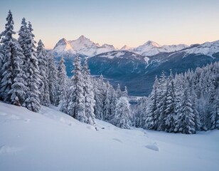 Miniatures of winter forest landscape with mountains and snow. Ai generated image 