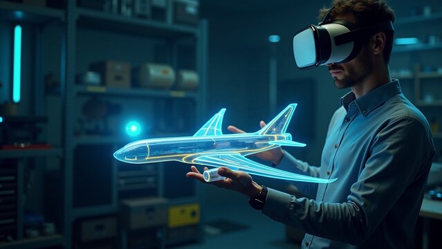 Technician wearing VR headset designs airplane in virtual reality. Workspace filled with tools and shelves. Aviation technology, simulation, future of flight.