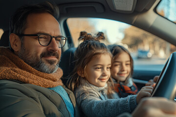 Close shot of father driving a car while the whole family of four is going on a weekend trip away from the city. Parents making a road trip with their daughters in their new car. Transport and safety
