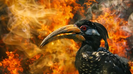 Obraz premium A striking hornbill perched against a backdrop of vibrant fire and smoke, showcasing nature's resilience and beauty.