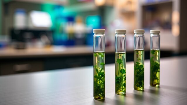 Green liquid extracts in glass vials. Lab experiment samples on a table with blurred scientific background. Botany, pharmaceuticals, natural products.