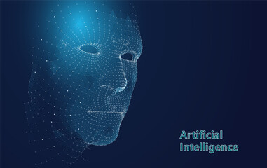 Obraz premium Abstract man face wireframe from dots. Side view 3D grid face background. Vector illustration.