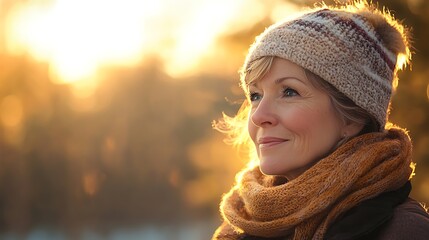 Woman smiling and enjoying winter sunset in nature