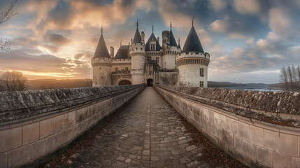 A grand castle is silhouetted against a dramatic sunset sky, with a stone pathway leading towards it. The scene exudes history and mystery
