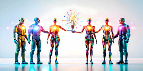 Fototapeta premium Flat AI Powered Creative Collaboration Concept Illustration - Abstract Digital Art Banner Representing Innovative Teamwork and Fusion of Human and Artificial Intelligence in Smart Business | Simple Fl