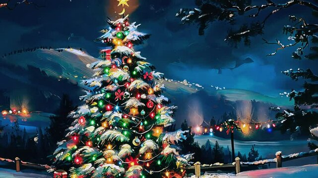 Beautiful festive Christmas tree with lights garlands in a snowy field with forest and stars at Christmas night. New Year and Christmas cards, creative idea. Magical snowy winter landscape by night