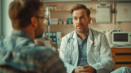 Obraz premium Doctor consulting with a patient in a medical office, discussing symptoms and treatment options during an appointment in the afternoon