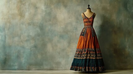 European bohemian-style dress on a mannequin, front view, no people, with ample copy space and clean background.