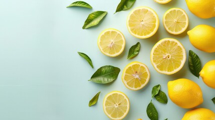 Fototapeta premium Bright lemons with fresh green leaves scattered on a serene blue background, showcasing vibrant citrus colors and inviting freshness in a relaxed composition.