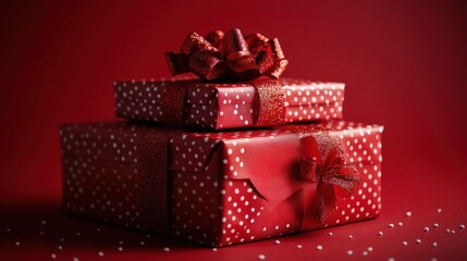 Obraz premium Festive Christmas Presents Wrapped in Beautiful Bows on Red Background