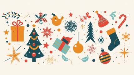 Obraz premium Colorful holiday vector illustration with festive symbols and icons.