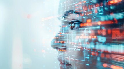 Fototapeta premium Digital Mindscape, a futuristic portrayal of a persons face intertwined with vibrant data visualizations representing technology and artificial intelligence.