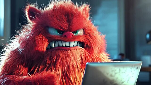 Furry creature frustrated while working on a laptop in a modern workspace, character monster angry emotion using device