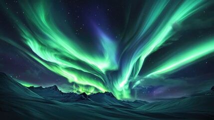 Dynamic aurora flows with contrasting colors of green and purple, creating a striking visual effect.