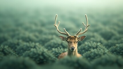 Naklejka premium Serene Stag in Misty Foliage, a majestic deer stands calmly amidst lush green undergrowth, its antlers emerging gracefully against a hazy, tranquil backdrop.