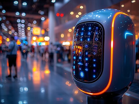 A modern electric car charger at a tech convention, with futuristic designs and people walking by with gadgets in hand.