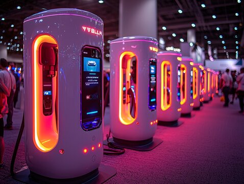 A modern electric car charger at a tech convention, with futuristic designs and people walking by with gadgets in hand.