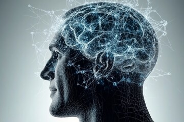 Profile of a man with a glowing neural network symbolizing cognitive strength intellectual power and the integration of human thought with digital technology